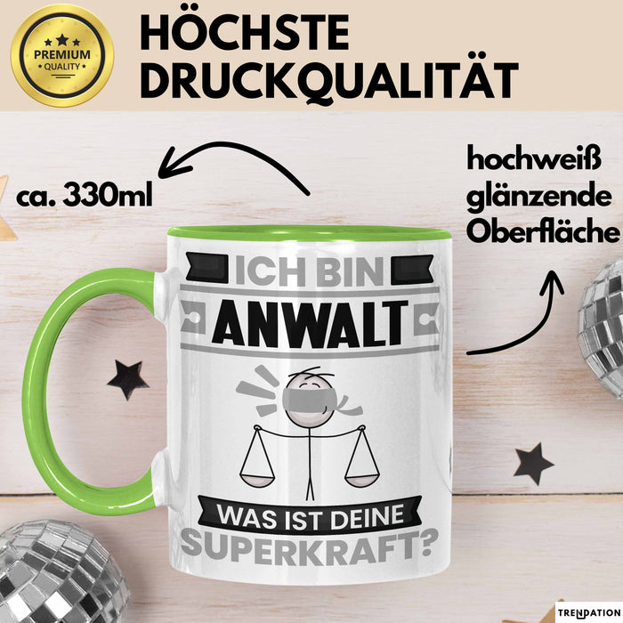 Anwalt Tasse Geschenk für Anwalt Geburtstag Lustiger Spruch Kaffee-Becher Was Ist Deine Superkraft Grün Trendation