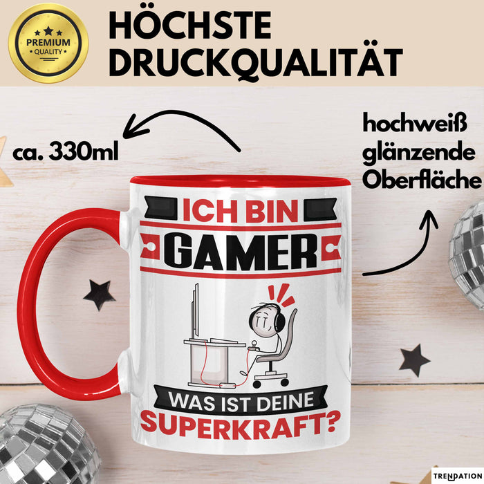 Gamer Tasse Geschenk für Gamer Geburtstag Lustiger Spruch Kaffee-Becher Was Ist Deine Superkraft Rot Trendation