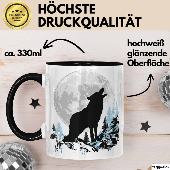 Wolf Tasse Geschenk Heulender Wolf Vollmond Grafik Geschenkidee Schwarz Trendation