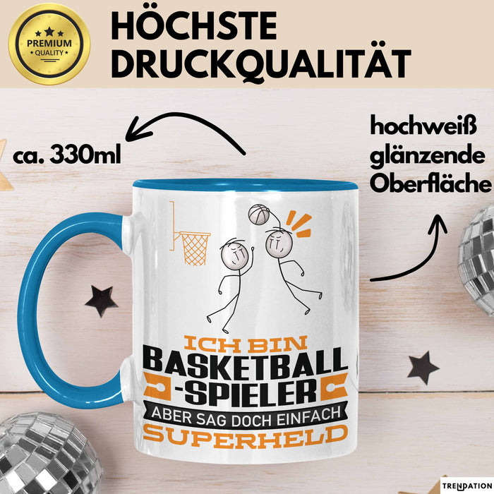 Basketballspieler Geschenk Tasse Ich Bin Basketballspieler Aber Sag Doch Einfach Superheld Lustige Geschenkdiee für Basketballspieler Kaffee-Becher Blau Trendation