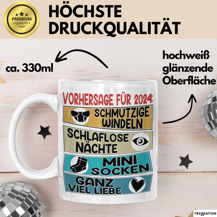 Schwangerschaft Verkünden 2025 Tasse Geschenk Mann Vorhersage für 2025 Schmutzige Windeln Schlaflose Nächte Kaffee-Becher Weiß Trendation