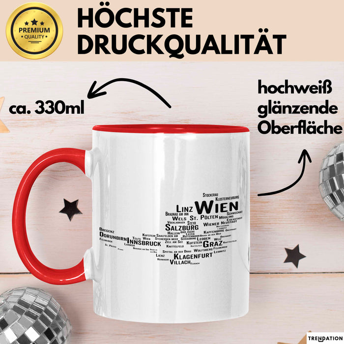 Österreich Karte Wien Wienerisch Tasse Geschenk Lustige Geschenkidee Spruch Rot Trendation