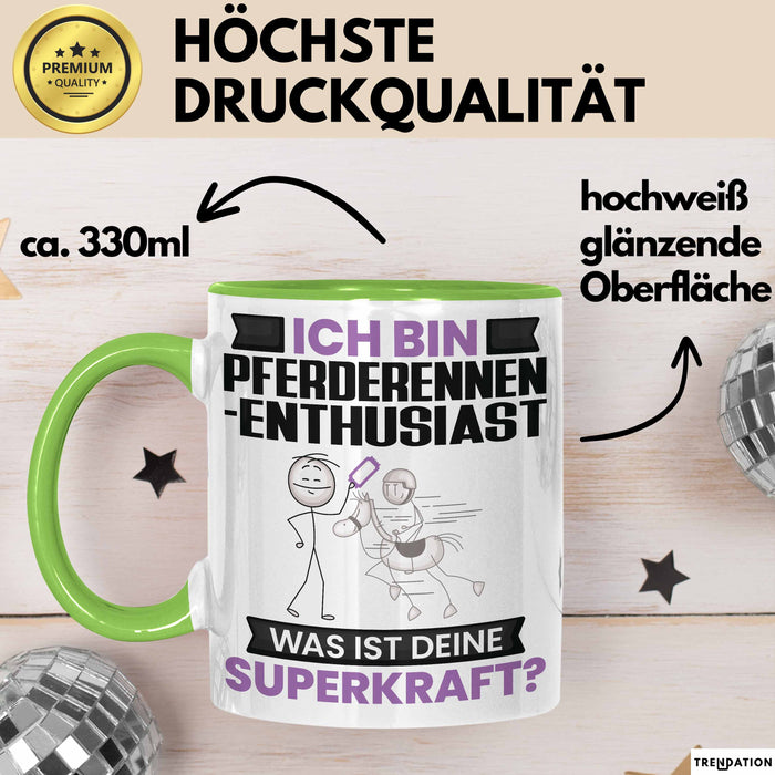 Pferderennen-Enthusiast Tasse Geschenk für Pferderennen-Enthusiast Geburtstag Lustiger Spruch Kaffee-Becher Was Ist Deine Superkraft Grün Trendation