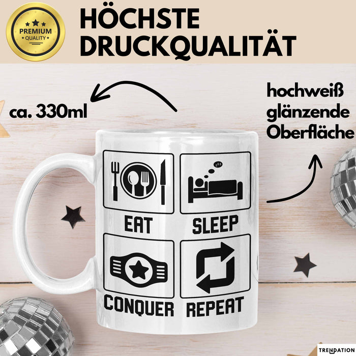 Gamer Tasse Geschenk Eat Sleep Conquer Repeat Geschenkidee Becher Weiß Trendation