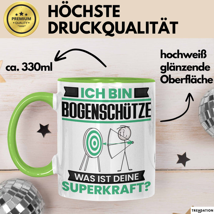 Bogenschütze Tasse Geschenk für Bogenschütze Geburtstag Lustiger Spruch Kaffee-Becher Was Ist Deine Superkraft Grün Trendation