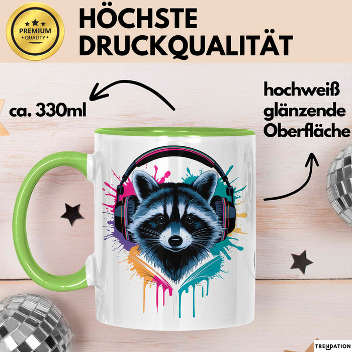 Waschbär Tierliebhaber Musik Kopfhörer Tasse Geschenk Lustige Geschenkidee Spruch Grün Trendation