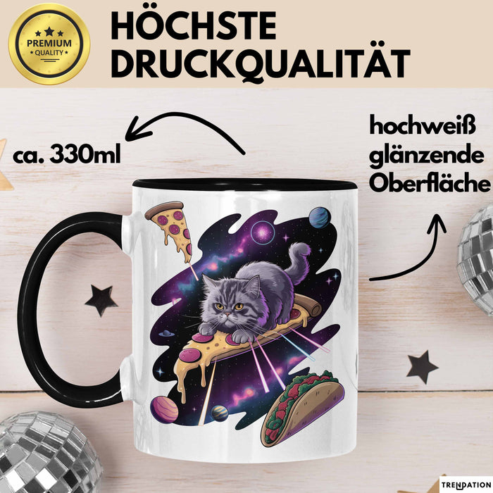 Pizzaesser Tasse Geschenk Katze isst Pizza im Weltall Lustig Trendation