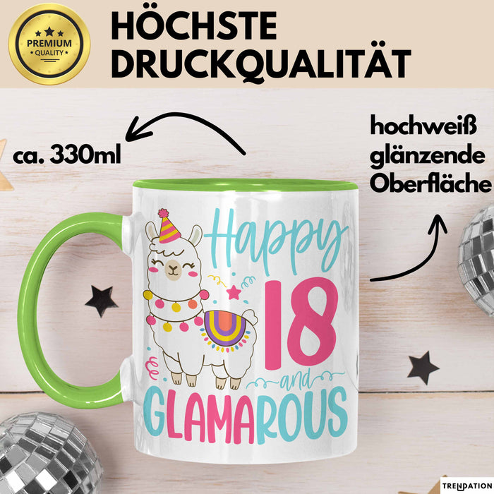 18er Geburtstag Tasse Geschenk Happy 18 And Glamarous Llama Alpaka Liebhaber Geschenkidee zum Geburtstag Grün Trendation