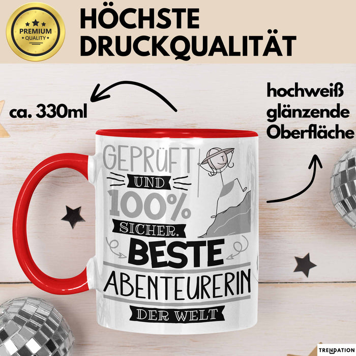 Beste Abenteurerin Der Welt Tasse Geschenk für Eine Abenteurerin Geprüft Und Sicher Geschenkidee Geburtstag Weihnachten Rot Trendation