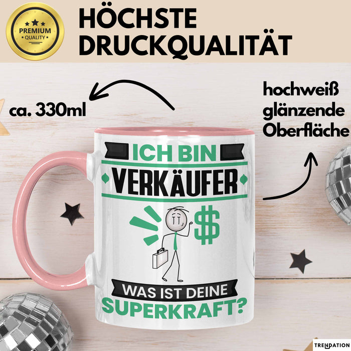 Verkäufer Tasse Geschenk für Verkäufer Geburtstag Lustiger Spruch Kaffee-Becher Was Ist Deine Superkraft Rosa Trendation
