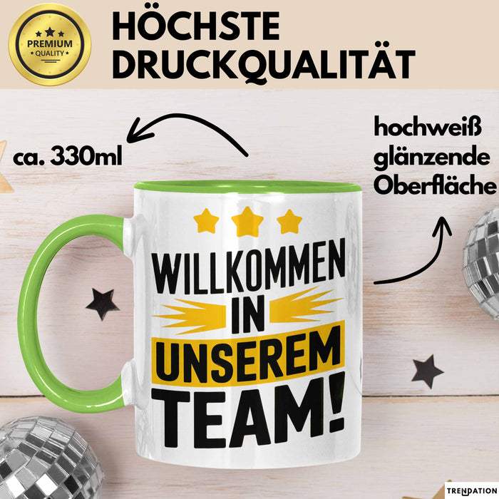 Office Arbeitskollege Tasse Geschenk Lustige Geschenkidee Spruch Willkommen In Unserem Team Grün Trendation