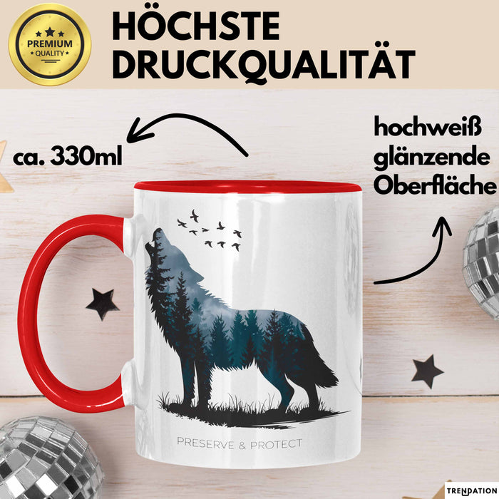 Klimaschutz Tasse Geschenk Erhalten Schützen Wolf Tiermotiv Rot Trendation