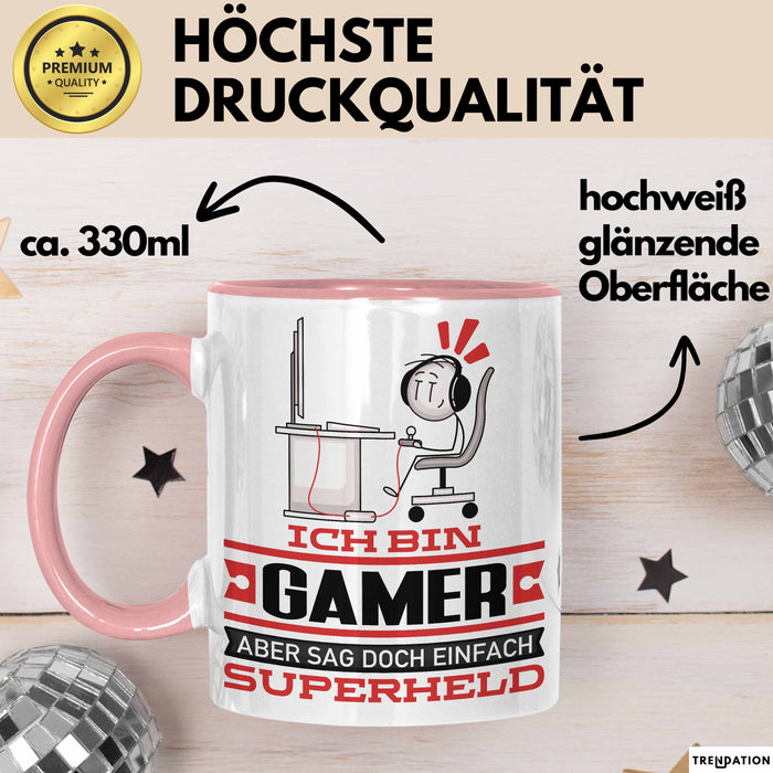 Gamer Geschenk Tasse Ich Bin Gamer Aber Sag Doch Einfach Superheld Lustige Geschenkdiee für Gamer Kaffee-Becher Rosa Trendation