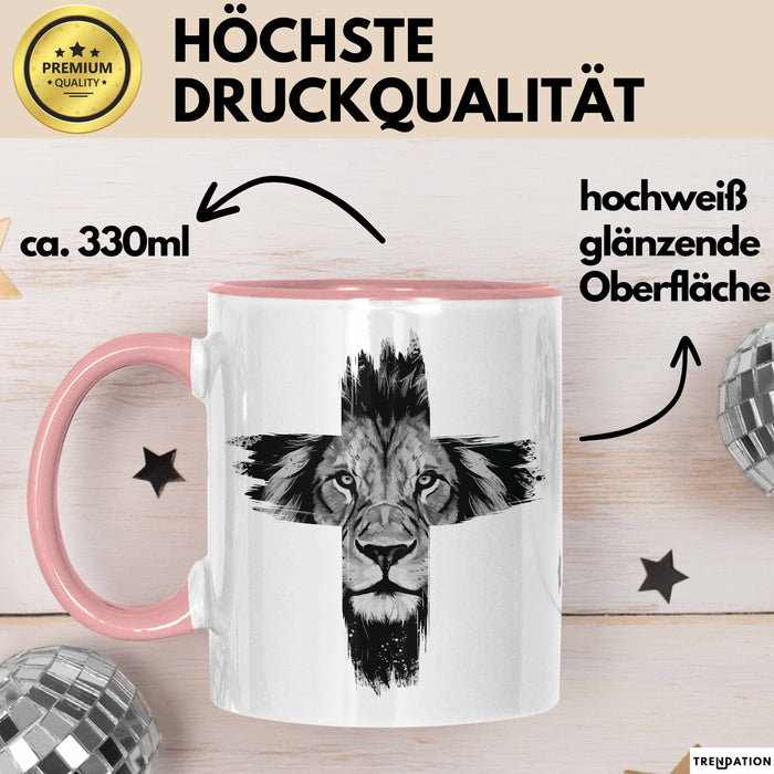 Christen Tasse Geschenk Christlich Glauben Kirche Geschenkidee Für Jesus-Fans Kreuz Löwe Rosa Trendation