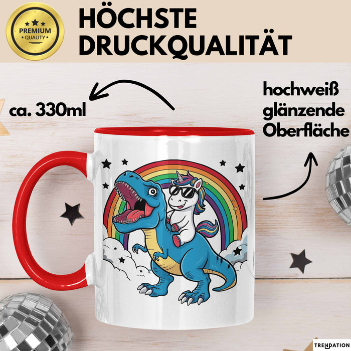 Einhorn Liebhaber Tasse Geschenk Einhorn Reitet Auf Dinosauriere T-Rex Dino Frauen Geschenk Rot Trendation