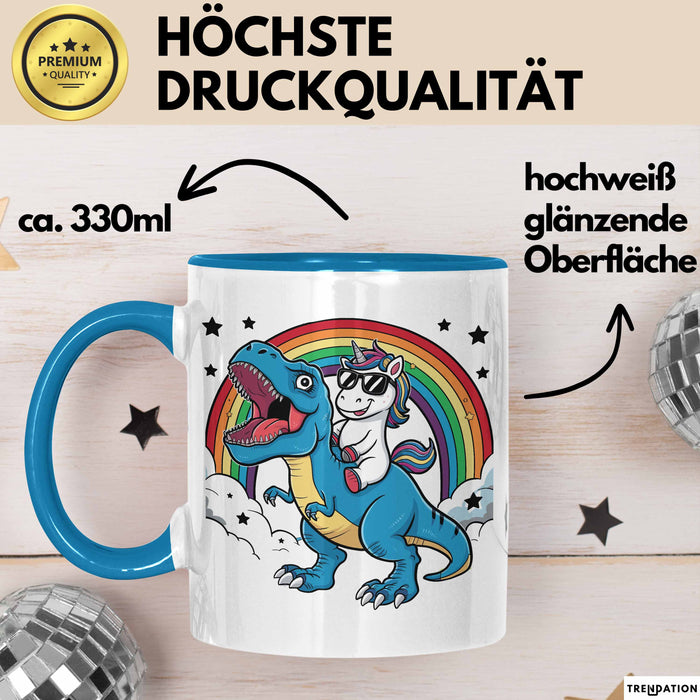 Einhorn Liebhaber Tasse Geschenk Einhorn Reitet Auf Dinosauriere T-Rex Dino Frauen Geschenk Blau Trendation
