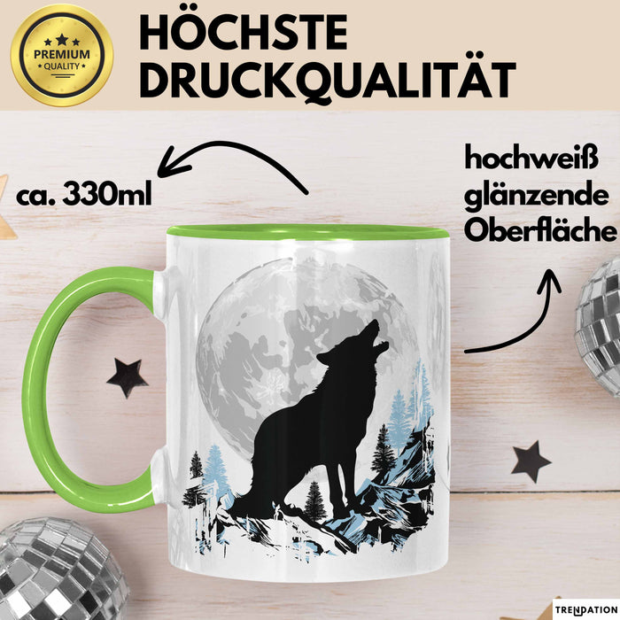 Wolf Tasse Geschenk Heulender Wolf Vollmond Grafik Geschenkidee Grün Trendation
