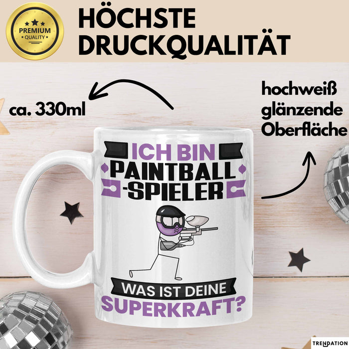 Paintballspieler Tasse Geschenk für Paintballspieler Geburtstag Lustiger Spruch Kaffee-Becher Was Ist Deine Superkraft Weiß Trendation