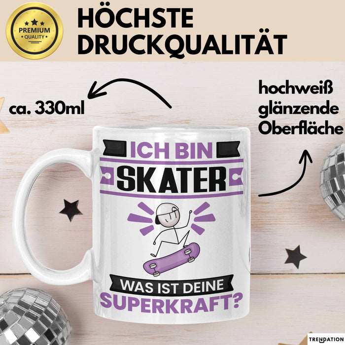 Skater Tasse Geschenk für Skater Geburtstag Lustiger Spruch Kaffee-Becher Was Ist Deine Superkraft Weiß Trendation