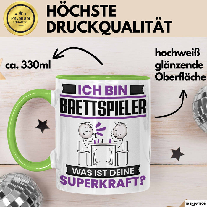 Brettspieler Tasse Geschenk für Brettspieler Geburtstag Lustiger Spruch Kaffee-Becher Was Ist Deine Superkraft Grün Trendation