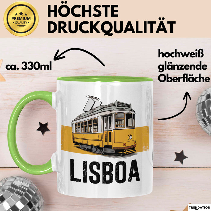 Lissabon Portugal Tasse Geschenk Lustige Geschenkidee Spruch Seilbahn Reise Straßenbahn Grün Trendation
