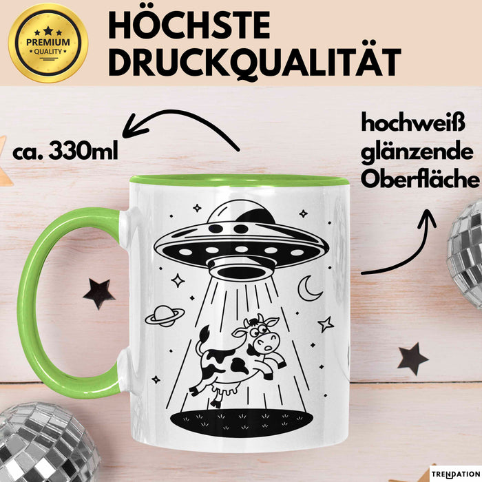 Sci-Fi Nerd Tasse Geschenkidee UFO entführt Kuh Weltraum Fan Geschenkidee Lustig Grün Trendation