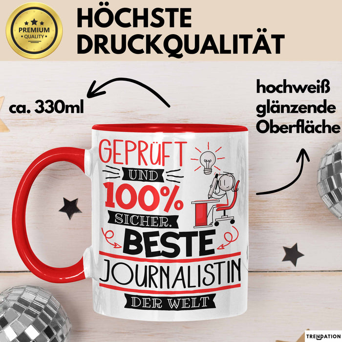 Beste Journalistin Der Welt Tasse Geschenk für Eine Journalistin Geprüft Und Sicher Geschenkidee Geburtstag Weihnachten Rot Trendation