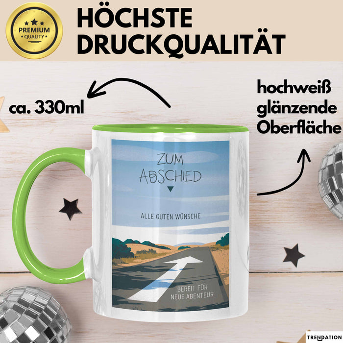 Büroarbeit Kollege Abschied Tasse Geschenk Lustige Geschenkidee Spruch Zum Abschied Alle Guten Wünsche Bereit Für Neue Abenteuer Grün Trendation
