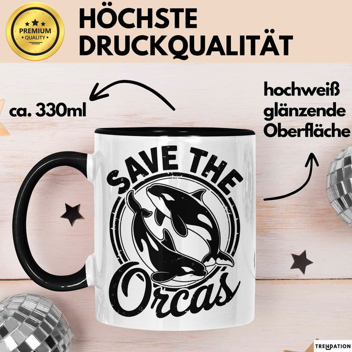 Wal Tier Tasse Geschenk Lustige Geschenkidee Spruch Rettet die Orcas Schwarz Trendation