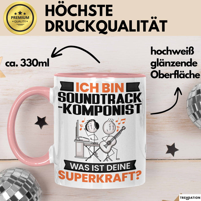 Soundtrack-Komponist Tasse Geschenk für Soundtrack-Komponist Geburtstag Lustiger Spruch Kaffee-Becher Was Ist Deine Superkraft Rosa Trendation