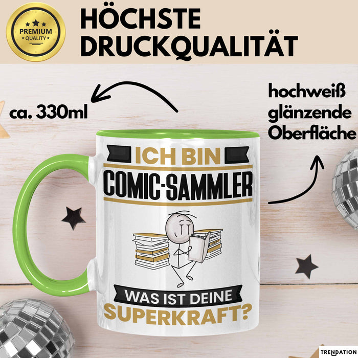 Comic-Sammler Tasse Geschenk für Comic-Sammler Geburtstag Lustiger Spruch Kaffee-Becher Was Ist Deine Superkraft Grün Trendation