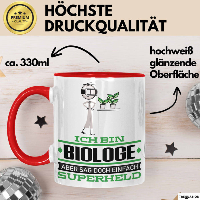 Biologe Geschenk Tasse Ich Bin Biologe Aber Sag Doch Einfach Superheld Lustige Geschenkdiee für Biologe Kaffee-Becher Rot Trendation