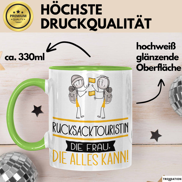 Rucksacktouristin Geschenk Tasse Becher Die Frau Die Allen Kann Geschenkidee für eine Rucksacktouristin Lustig Grün Trendation