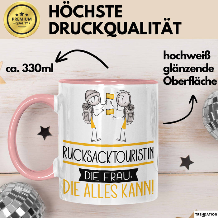 Rucksacktouristin Geschenk Tasse Becher Die Frau Die Allen Kann Geschenkidee für eine Rucksacktouristin Lustig Rosa Trendation