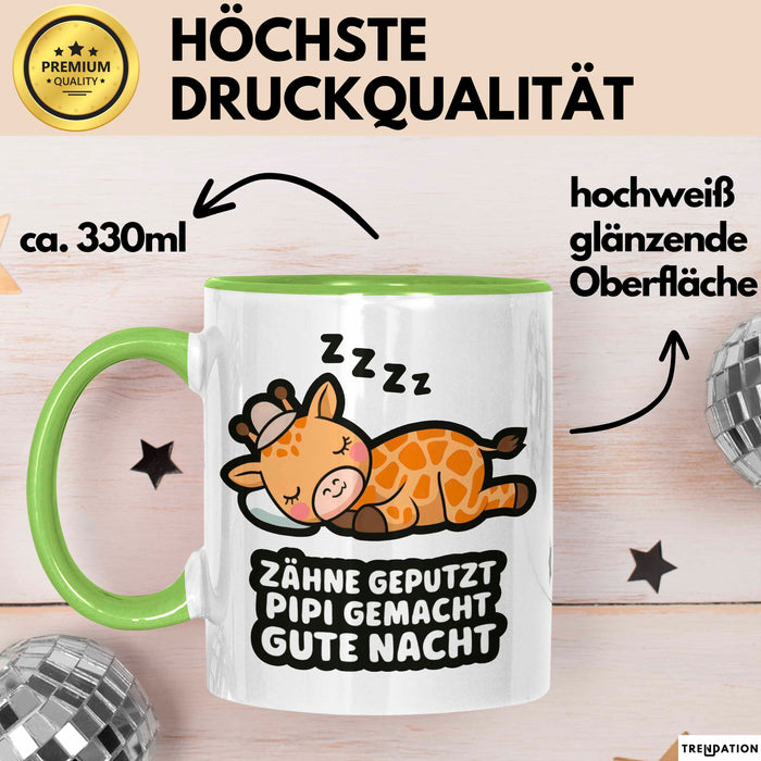 Schlafende Giraffe Tasse Geschenk Lustige Geschenkidee Spruch Zähne Geputzt Pipi Gemacht Gute Nacht Grün Trendation