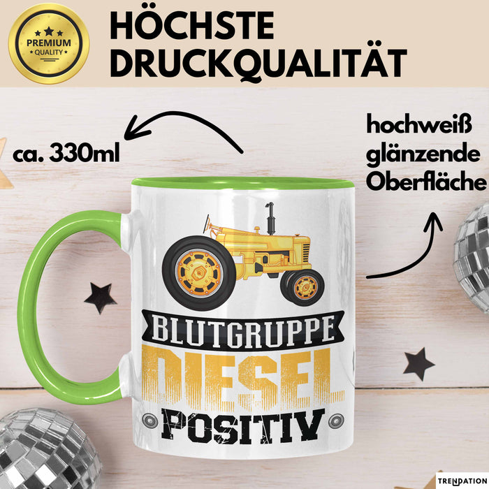 Auto Tasse Geschenk Blutgruppe Positiv Traktor Spruch Geschenkidee bagger Grün Trendation