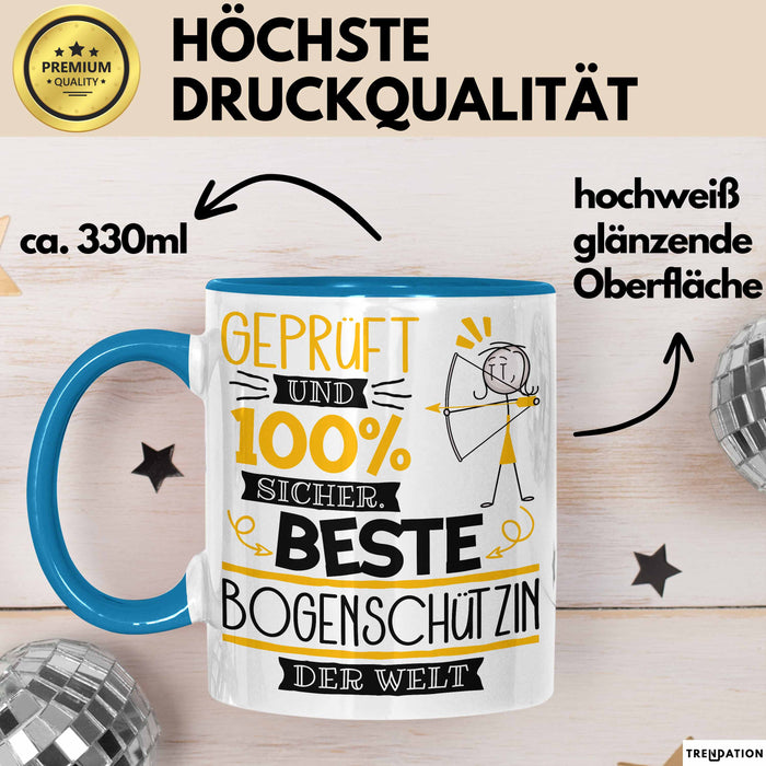 Beste Bogenschützin Der Welt Tasse Geschenk für Eine Bogenschützin Geprüft Und Sicher Geschenkidee Geburtstag Weihnachten Blau Trendation