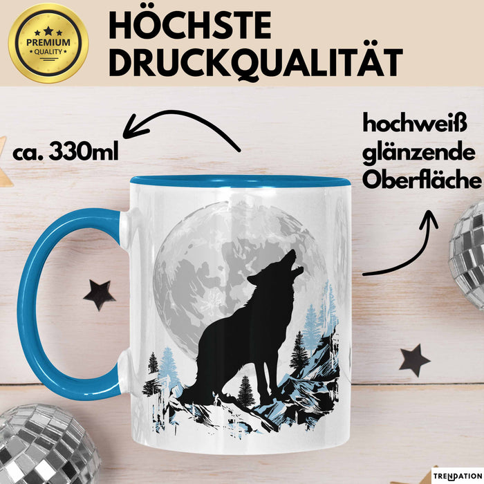 Wolf Tasse Geschenk Heulender Wolf Vollmond Grafik Geschenkidee Blau Trendation