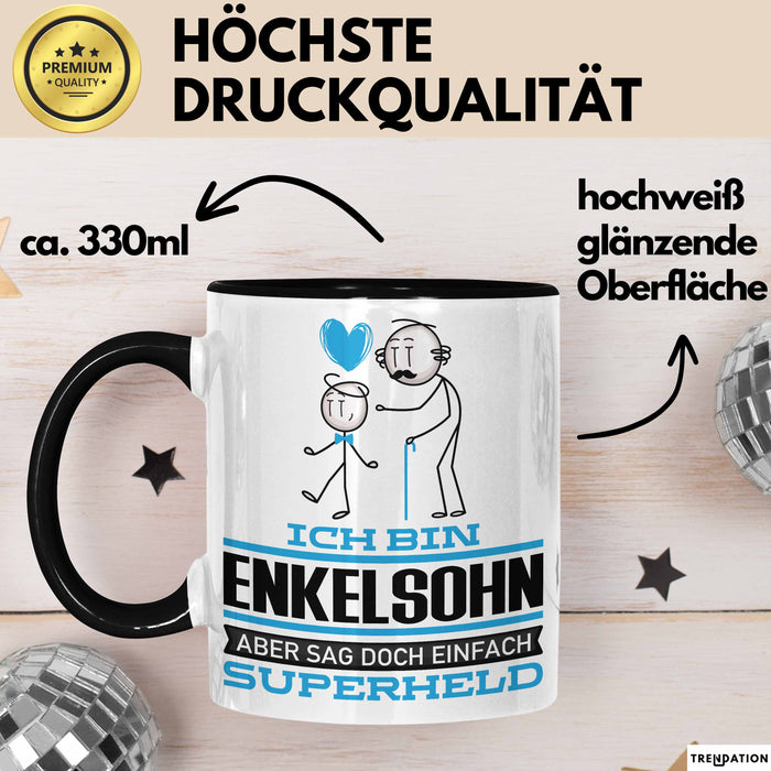 Enkelsohn Geschenk Tasse Ich Bin Enkelsohn Aber Sag Doch Einfach Superheld Lustige Geschenkdiee für Enkelsohn Kaffee-Becher Schwarz Trendation