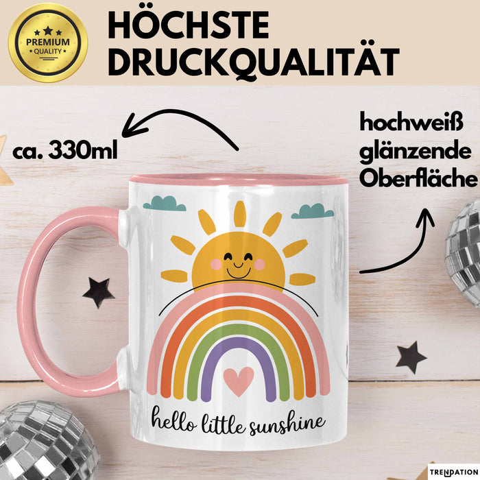Baby Geburt Neue Eltern Tasse Geschenk Lustige Geschenkidee Spruch Hallo Kleiner Sonnenschein Rosa Trendation