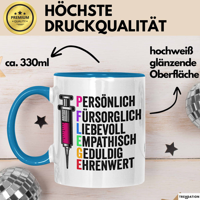 Krankenschwester Pflege Betreuung Tasse Geschenk Lustige Geschenkidee Spruch Pflege Blau Trendation