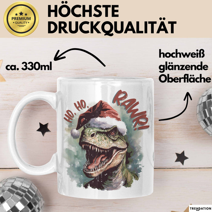 Weihnachten Tasse Dinosaurier Geschenkidee Ho Ho Rawr Jungs Jungen Geschenkidee Kaffeebecher Weiß Trendation