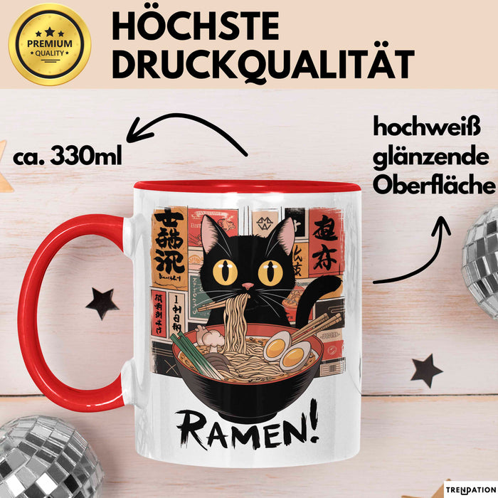 Katzen Tierliebhaber Tasse Geschenk Lustige Geschenkidee Spruch Katze Isst Ramen Nudeln Rot Trendation