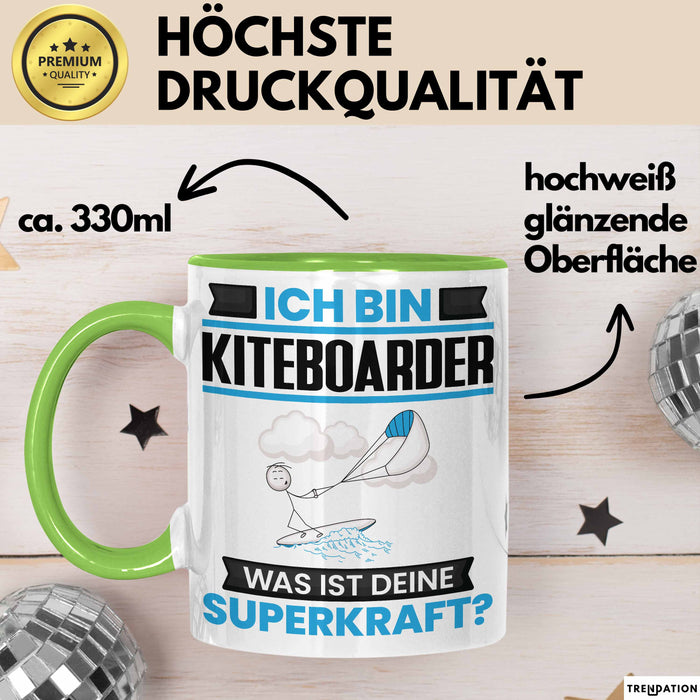 Kiteboarder Tasse Geschenk für Kiteboarder Geburtstag Lustiger Spruch Kaffee-Becher Was Ist Deine Superkraft Grün Trendation