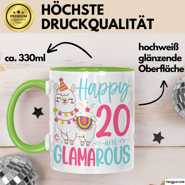 20er Geburtstag Tasse Geschenk Happy 20 And Glamarous Llama Alpaka Liebhaber Geschenkidee zum Geburtstag Grün Trendation