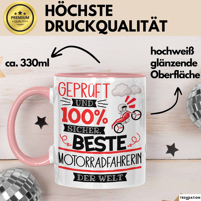 Beste Motorradfahrerin Der Welt Tasse Geschenk für Eine Motorradfahrerin Geprüft Und Sicher Geschenkidee Geburtstag Weihnachten Rosa Trendation