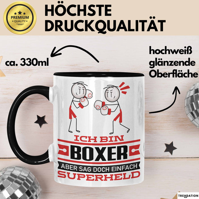 Boxer Geschenk Tasse Ich Bin Boxer Aber Sag Doch Einfach Superheld Lustige Geschenkdiee für Boxer Kaffee-Becher Schwarz Trendation