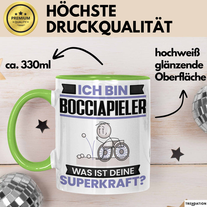 Bocciapieler Tasse Geschenk für Bocciapieler Geburtstag Lustiger Spruch Kaffee-Becher Was Ist Deine Superkraft Grün Trendation