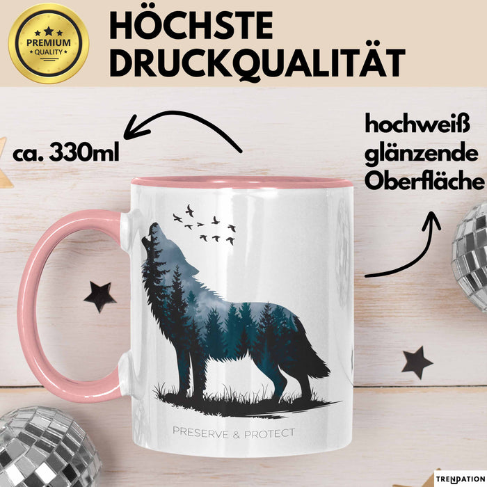 Klimaschutz Tasse Geschenk Erhalten Schützen Wolf Tiermotiv Rosa Trendation