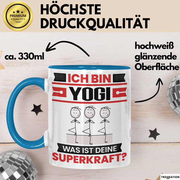 Yogi Tasse Geschenk für Yogi Geburtstag Lustiger Spruch Kaffee-Becher Was Ist Deine Superkraft Blau Trendation